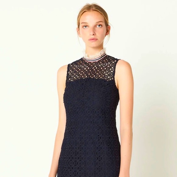 Sandro Paris Dovera Eyelet Lace Dress Deep Navy Sz US8/40 NWOT Retail $395 - Picture 1 of 13